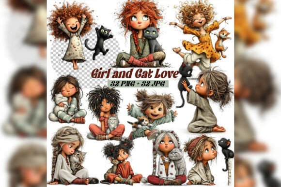 Download Whimsical Girl &amp; Cat Love Clipart Set - Clipart Collection