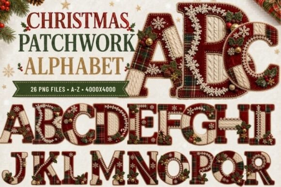 Download Christmas Patchwork Alphabet PNG, Plaid - Premium Bundle