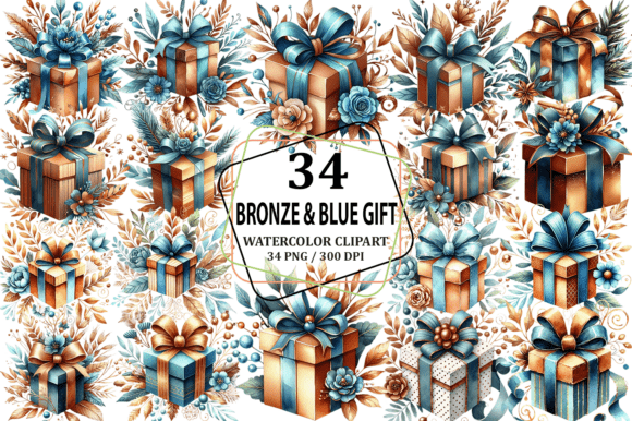 Download Watercolor Bronze &amp; Blue Gift Clipart - Clipart Collection