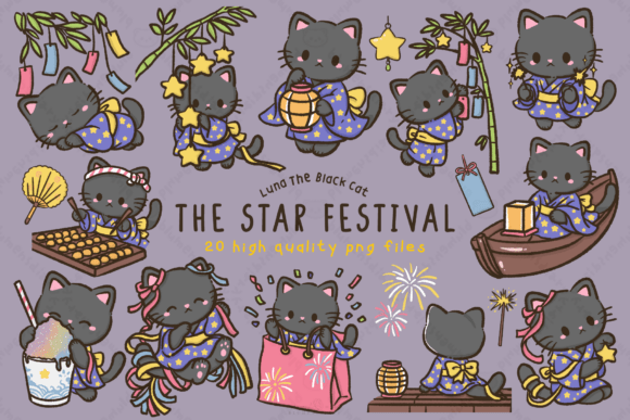 Download Kawaii Black Cat Star Festival Clipart - Clipart Collection