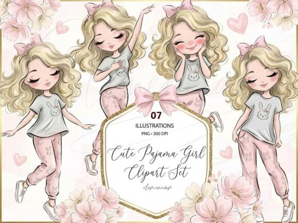Download Cute Pajama Girl Clipart PNG Set - Clipart Collection