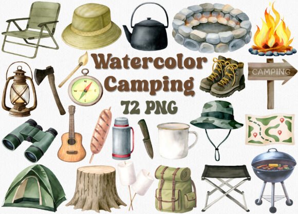 Download Watercolor Camping Clipart Set, 72 PNG - Clipart Collection
